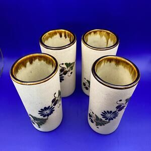 Vintage Four Mexican Tonala decorated tumblers Blue flower green leaves signed